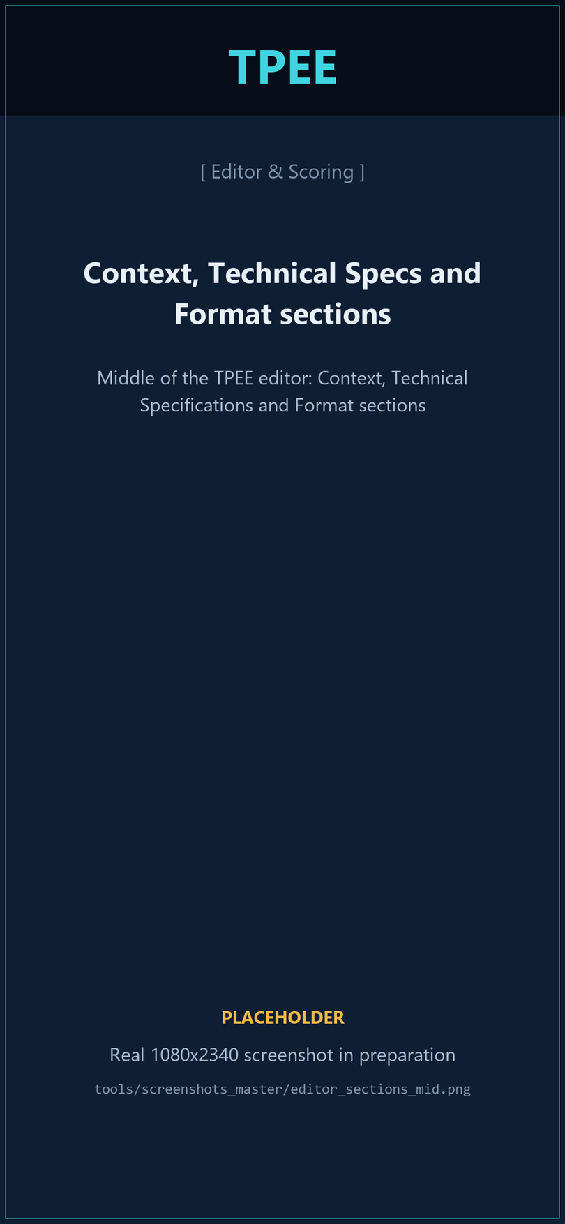 Middle of the TPEE editor: Context, Technical Specifications and Format sections